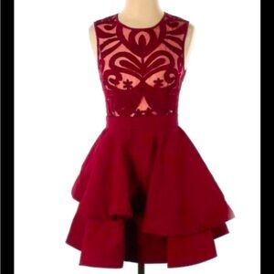 L’Atiste by‎ Amy Red Embroidery Sheer Bust Tiered Skirt Dress